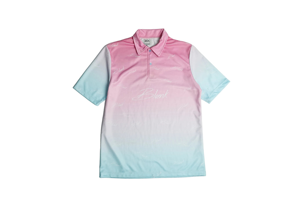 A short-sleeve polo shirt with a pink-to-light-blue gradient, laid flat on a light gray background.