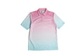 A short-sleeve polo shirt with a pink-to-light-blue gradient, laid flat on a light gray background.