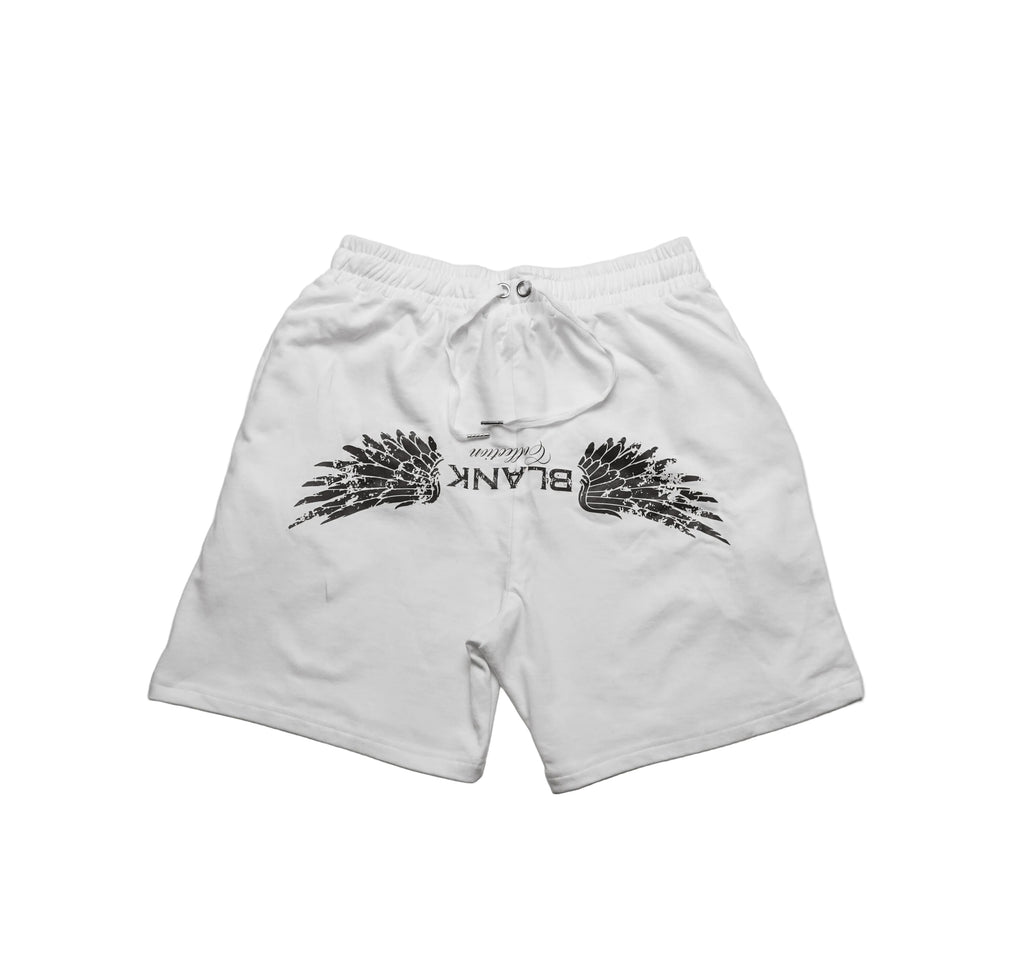 White shorts with black wing design and 'BLANK' text on a light gray background