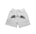 White shorts with black wing design and 'BLANK' text on a light gray background